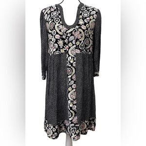 Boden Mollie Patchwork Floral Dress US 12R Black White Polka 100% Viscose V-neck